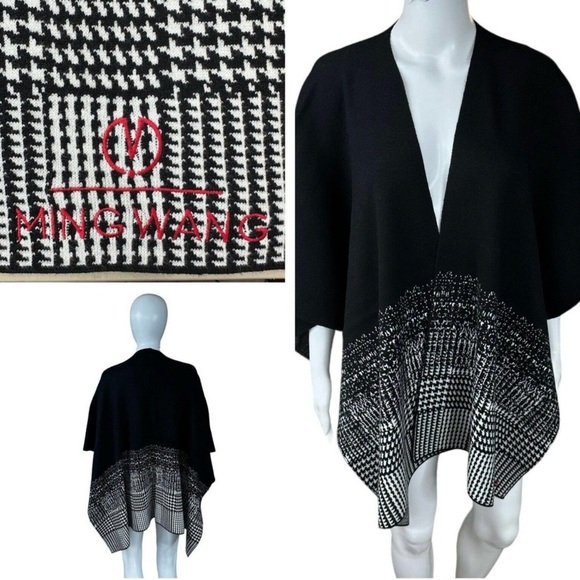 Ming Wang Jackets & Blazers - Ming Wang Cape Wrap Shaw Poncho Knit Houndstooth Black White Open Cardigan